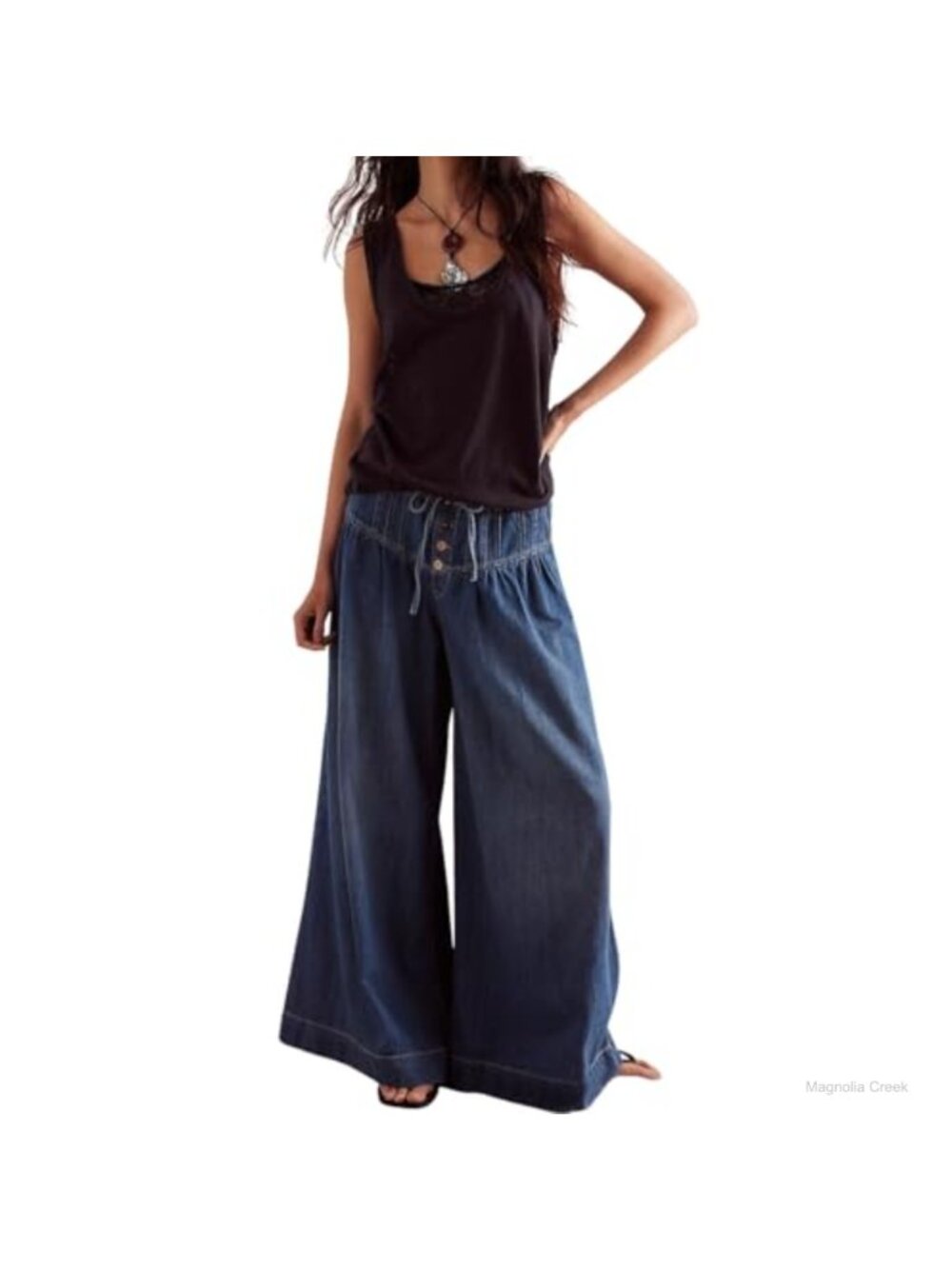 Women Y2K Pleated Baggy Wide Leg Jeans Elastic Waist Drawstring